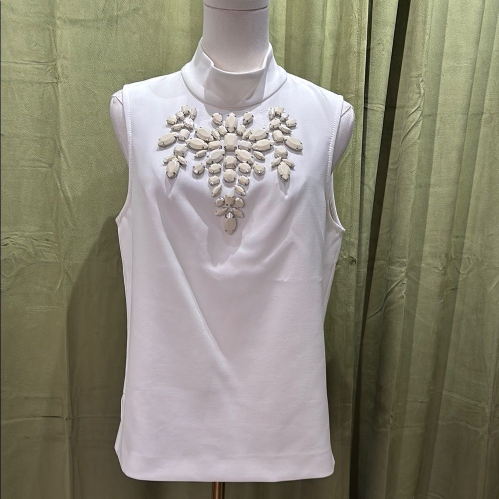 Trina Turk Elegant White Sleeveless Top with Embellishments, US10